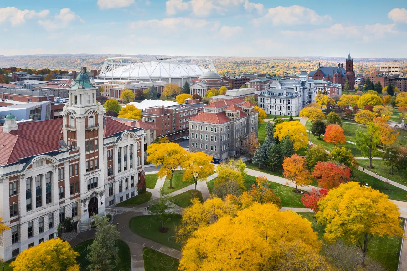 A drone image of Syracuse University's campus.